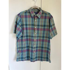 Men's Pendleton Button Up Plaid Size Large Short Sleeve Classic Green Purple Y2K